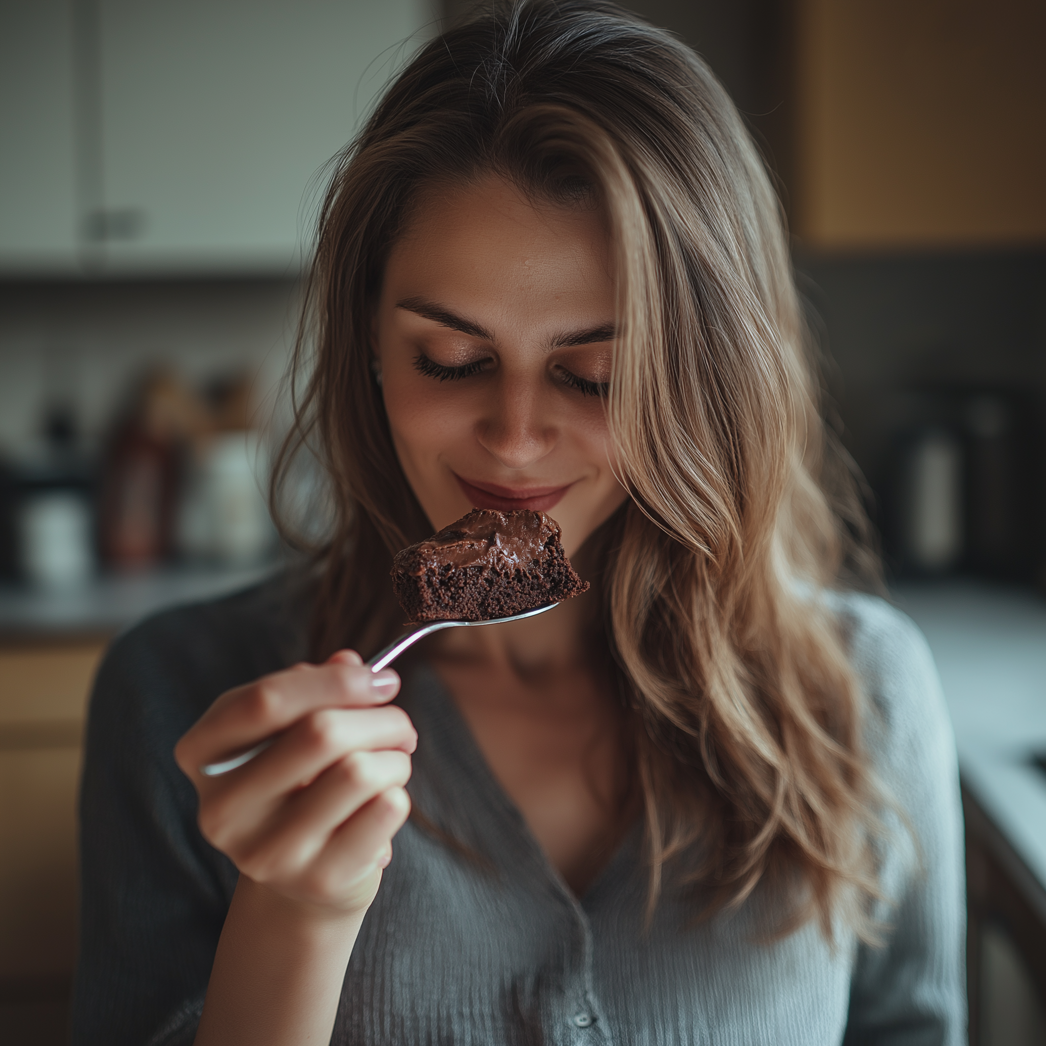 A woman about to eat a spoonful of chocolate brownie | Source: Midjourney