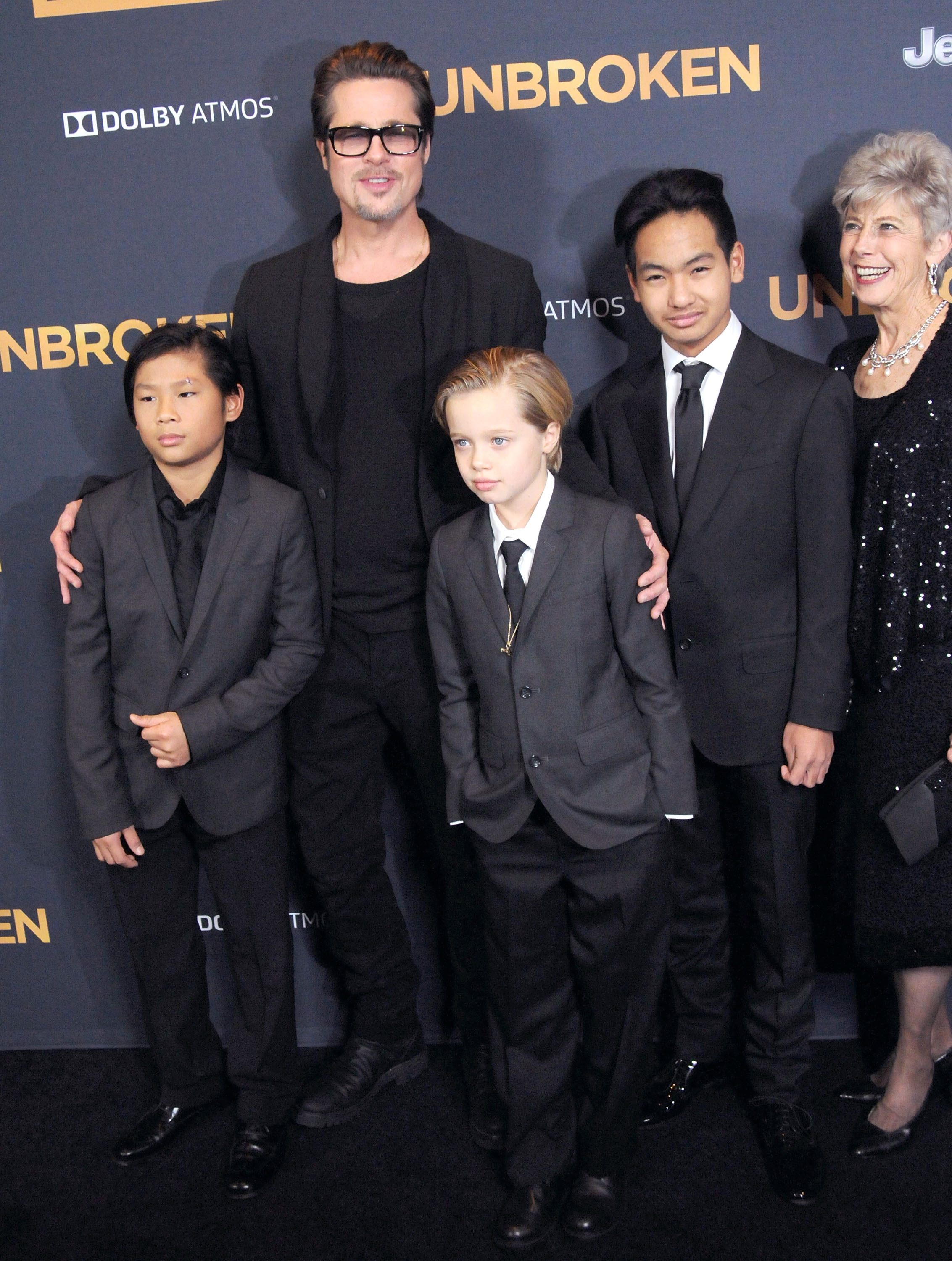 Pax Thien and Shiloh Nouvel Jolie Pitt, Brad Pitt, Maddox Jolie Pitt, and Jane Pitt at the premiere of "Unbroken" on December 15, 2014, in Hollywood, California. | Source: Getty Images