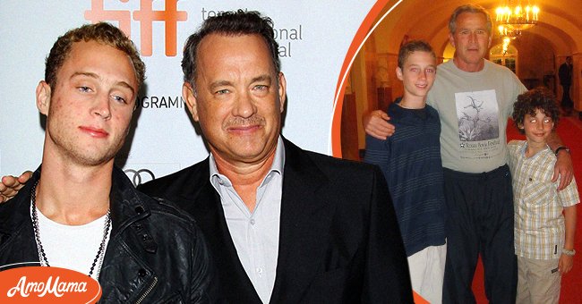 Tom Hanks and son Chet Hanks arrive at "Cloud Atlas" premiere during the 2012 Toronto International Film Festival on September 8, 2012. [Left] | Chet Hanks and his brother in a photo with George Bush. [Right] | Source: Getty Images