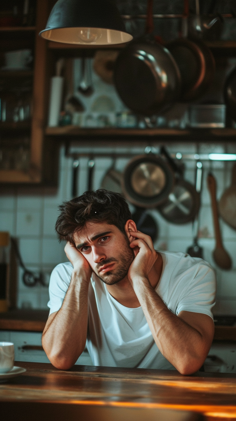 A man sitting at a table and holding his head | Source: Midjourney