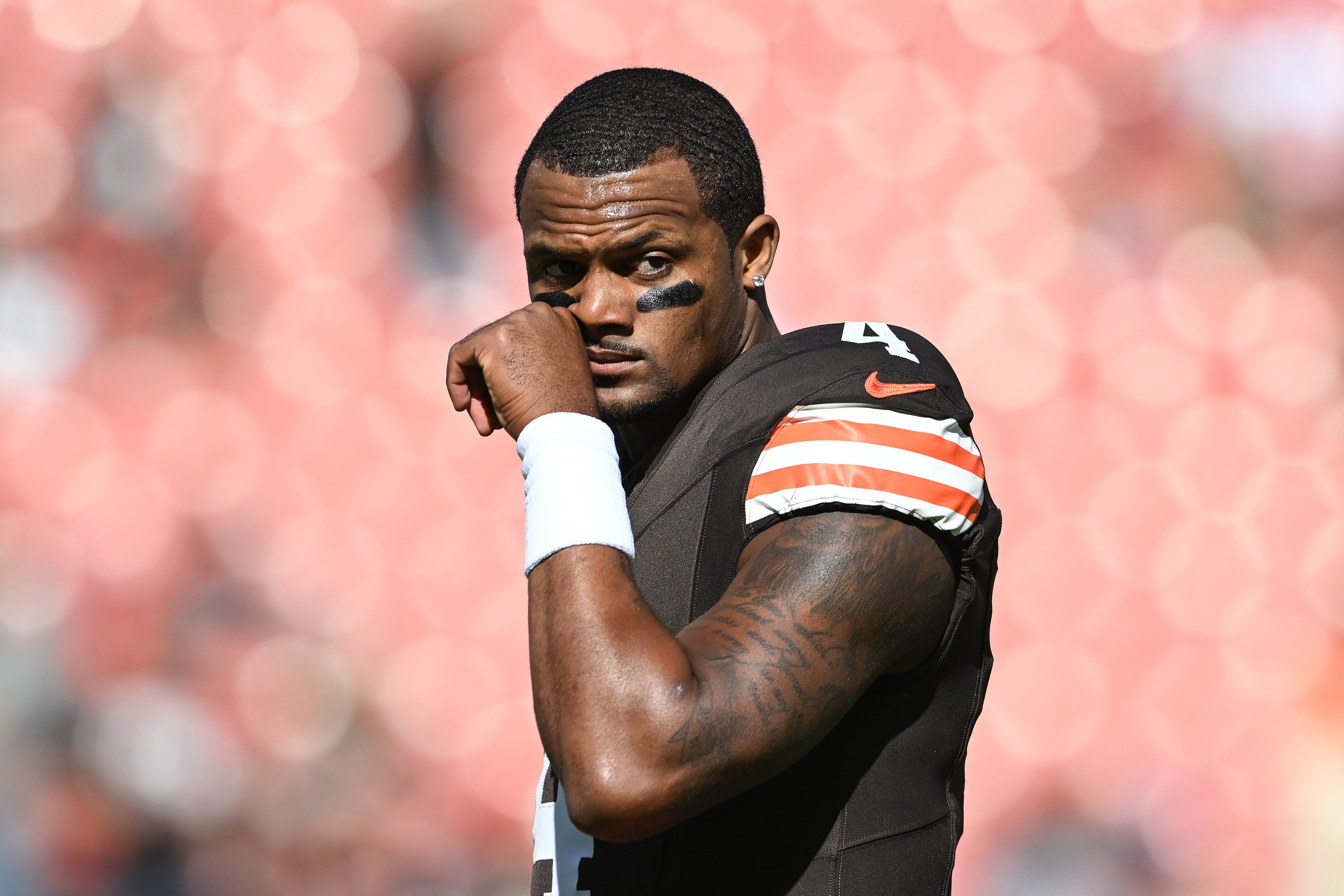 Deshaun Watson during a warm up session ahead of a game between the Cincinnati Bengals and the Cleveland Browns in Cleveland, Ohio on October 20, 2024. | Source: Getty Images