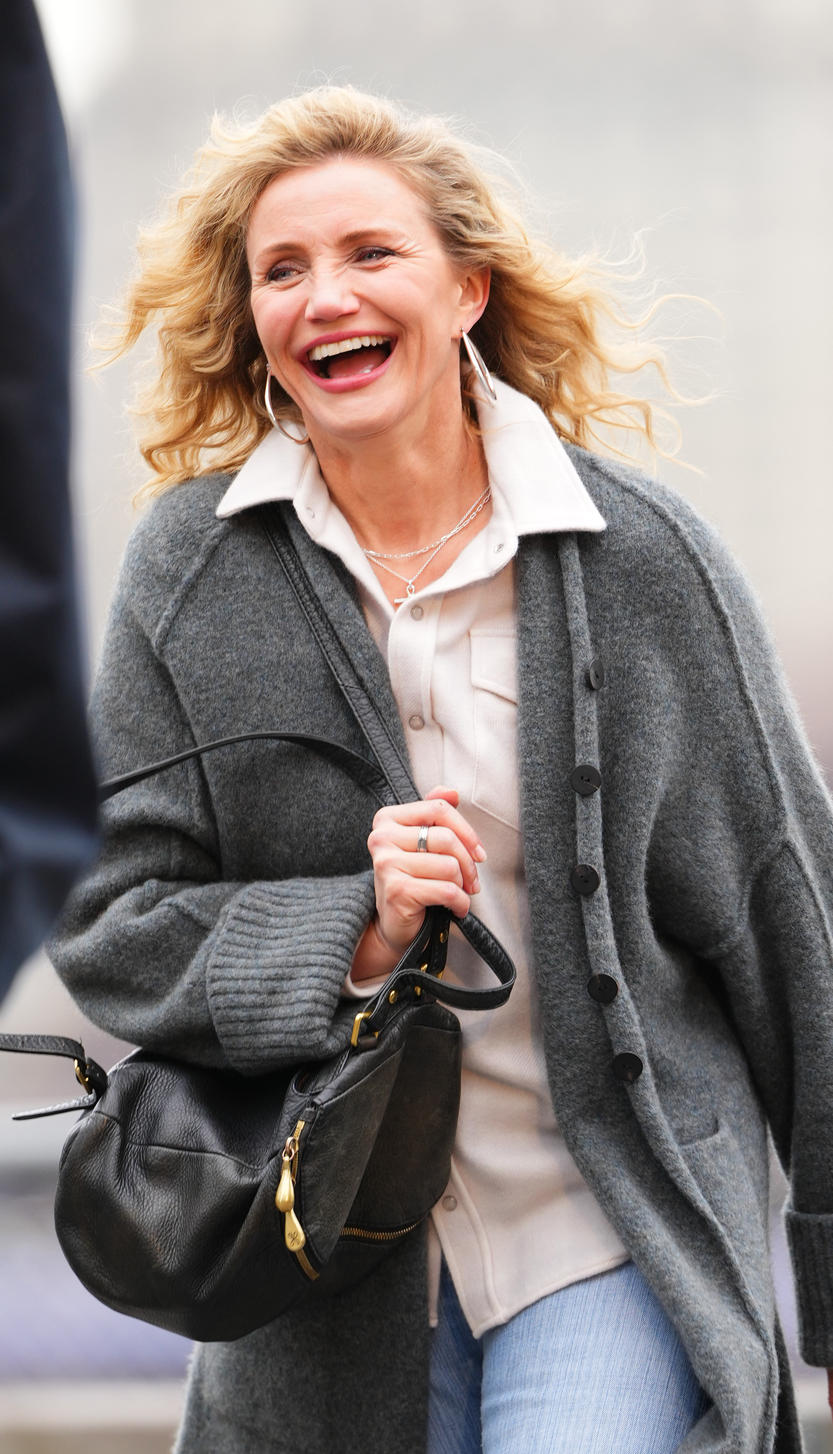 Cameron Diaz is seen in a gray cardigan on March 19, 2026 in New York City | Source: Getty Images