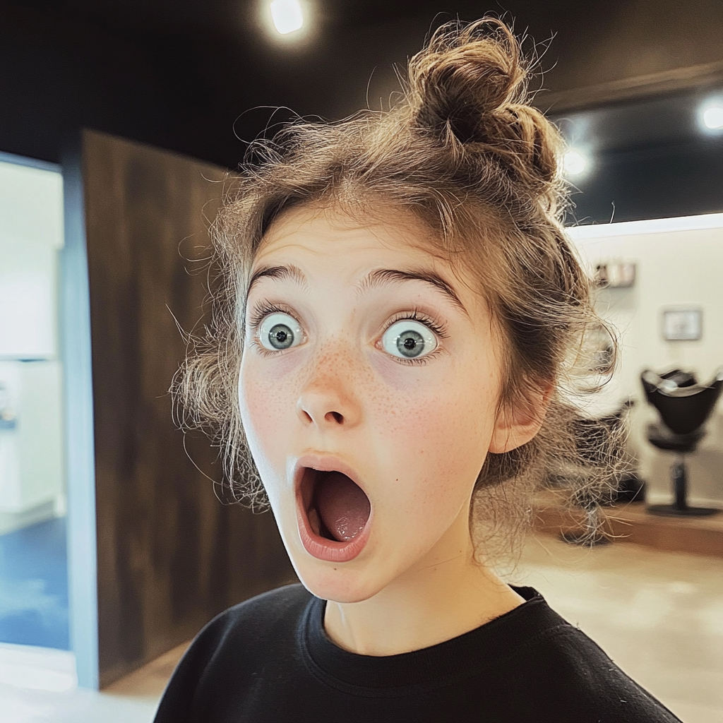 A shocked girl at a hair salon | Source: Midjourney