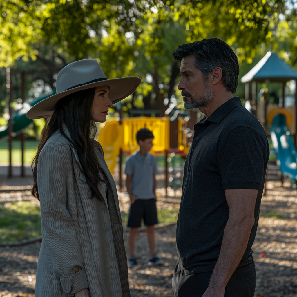 A woman and a man come face to face at the school playground | Source: Midjourney