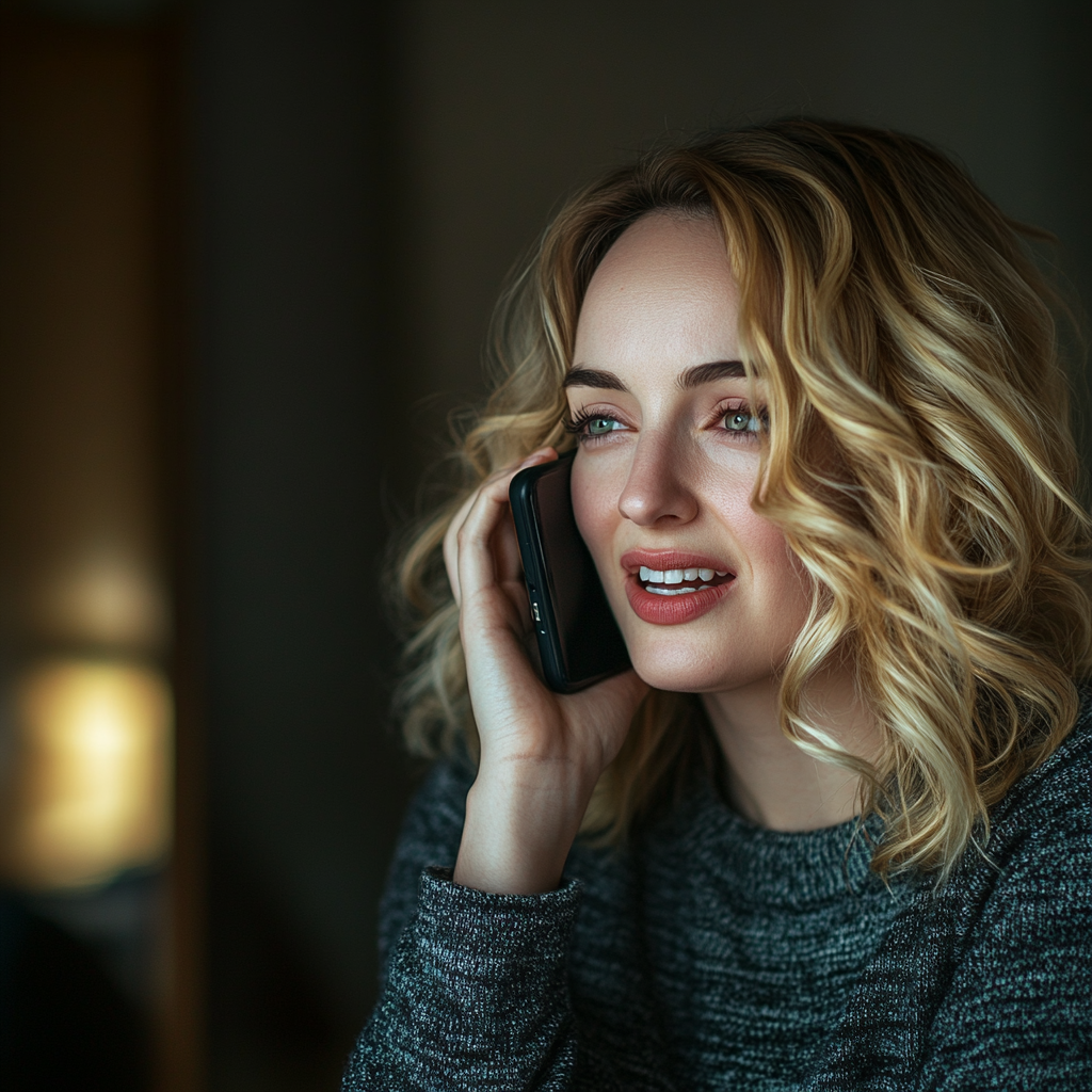 A woman looks a bit ashamed while talking to someone on the phone | Source: Midjourney