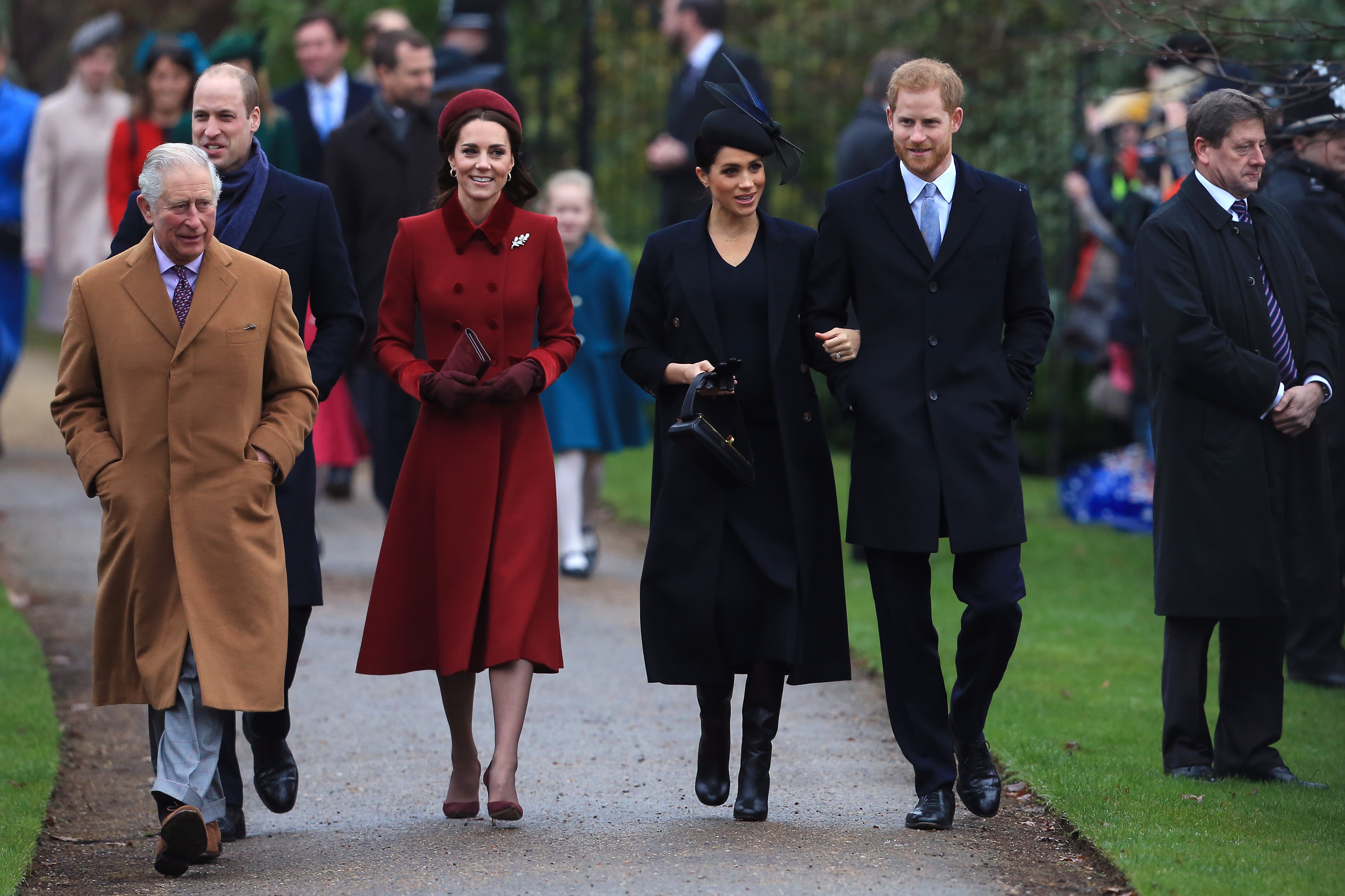 King Charles, Prince William, Catherine, Meghan, and Prince Harry attend Christmas Day Church service on December 25, 2018 in King's Lynn, England | Source: Getty Images