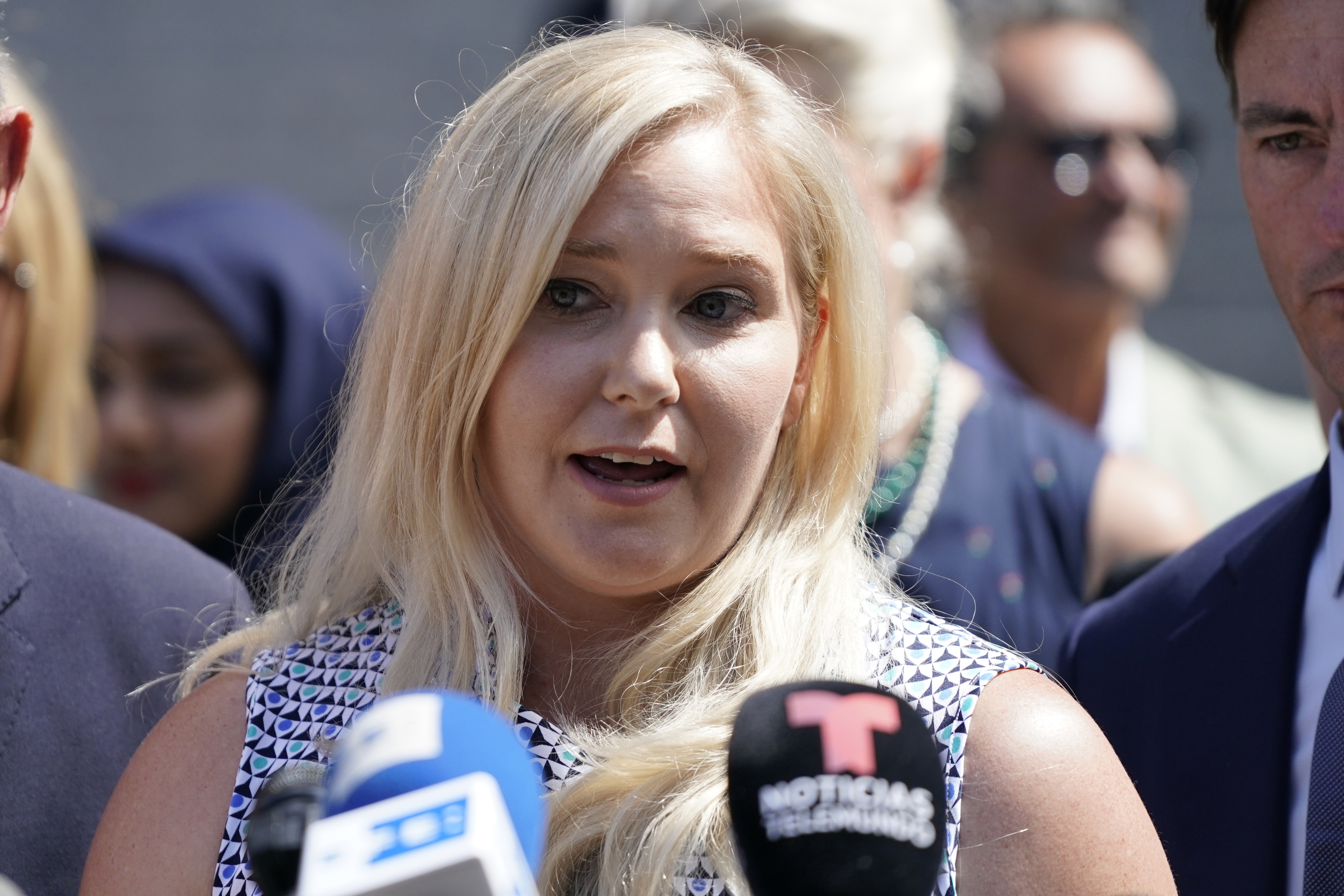 Virginia Giuffre speaking during a press conference following a hearing at Manhattan Federal Court on August 27, 2019, in New York, United States. | Source: Getty Images