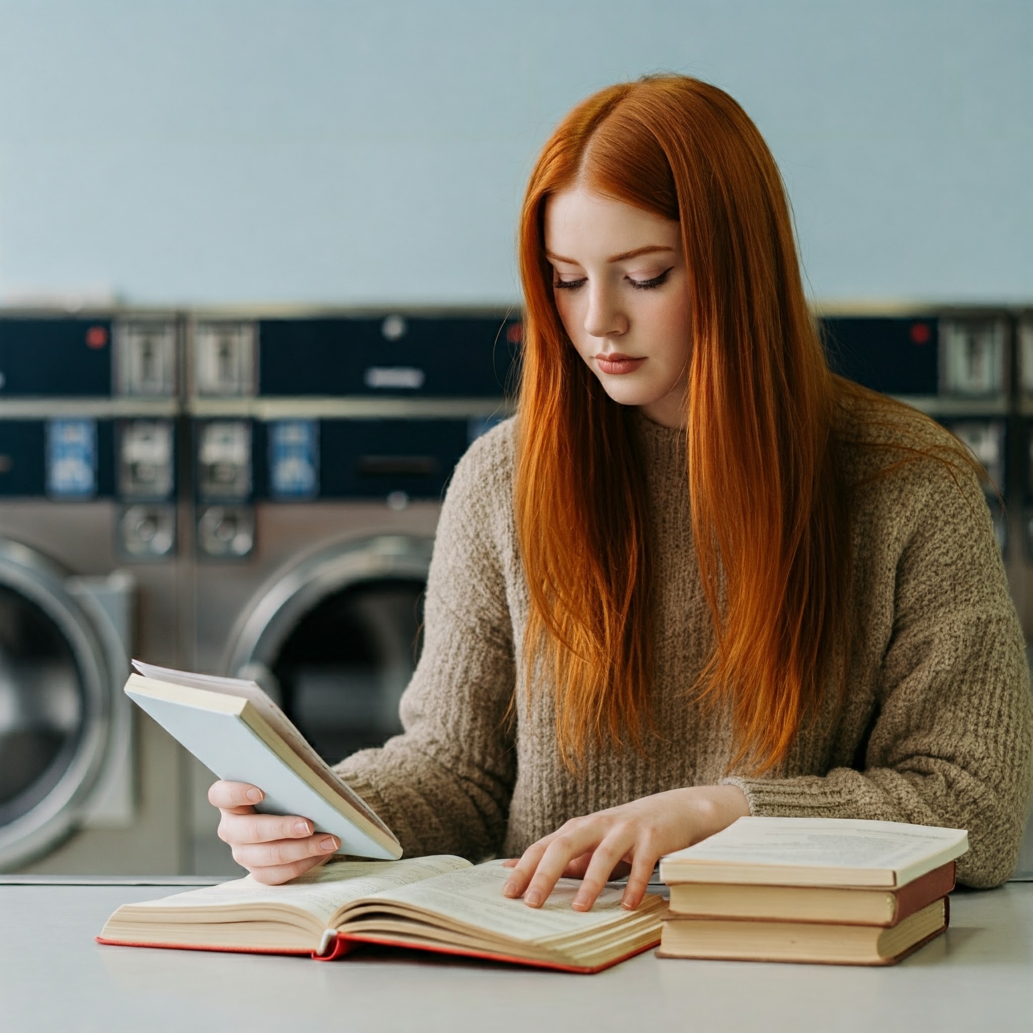 A woman studying at a laundromat | Source: Gemini