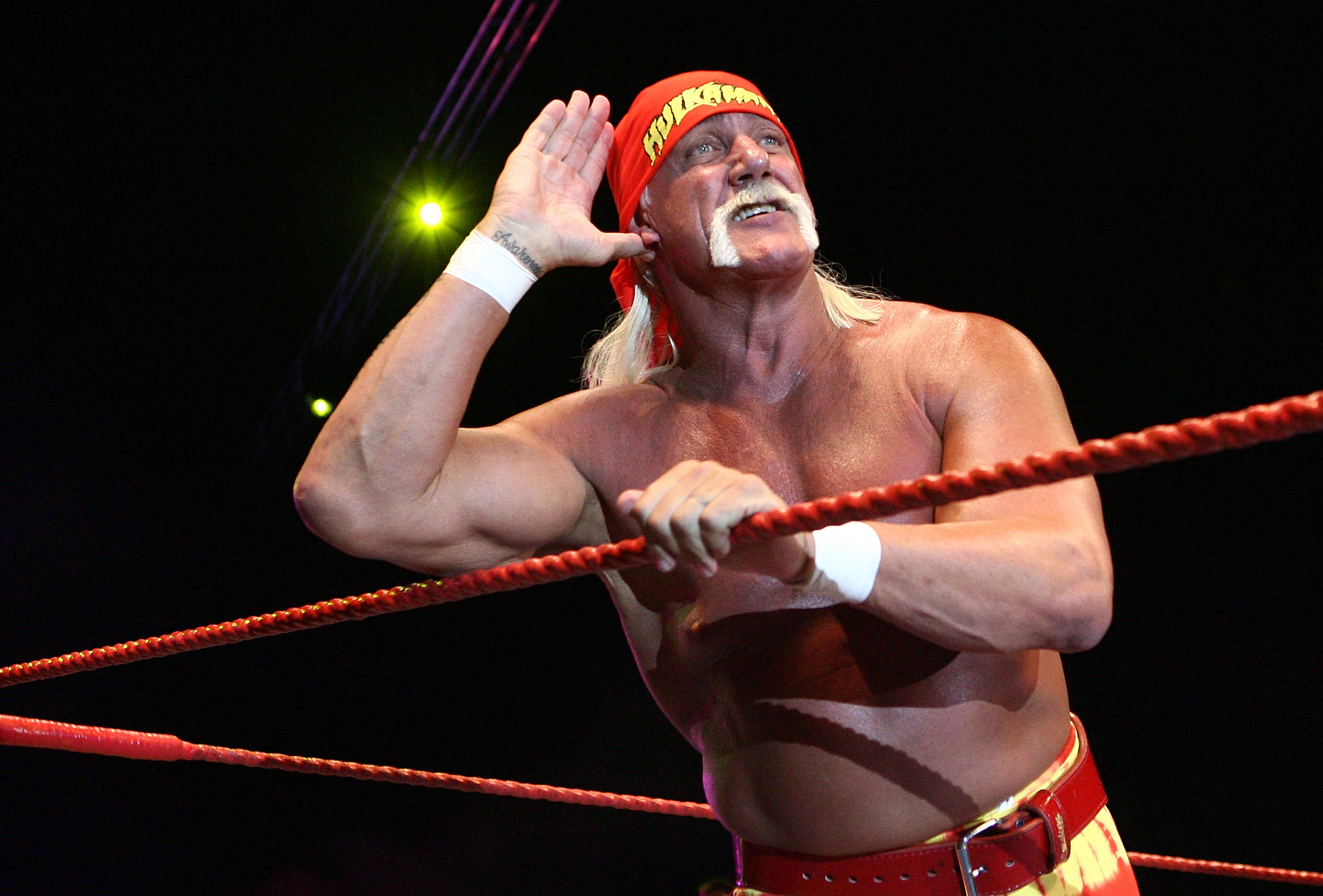 Hulk Hogan gestures to the audience during his Hulkamania Tour at the Burswood Dome on November 24, 2009 in Perth, Australia | Source: Getty Images
