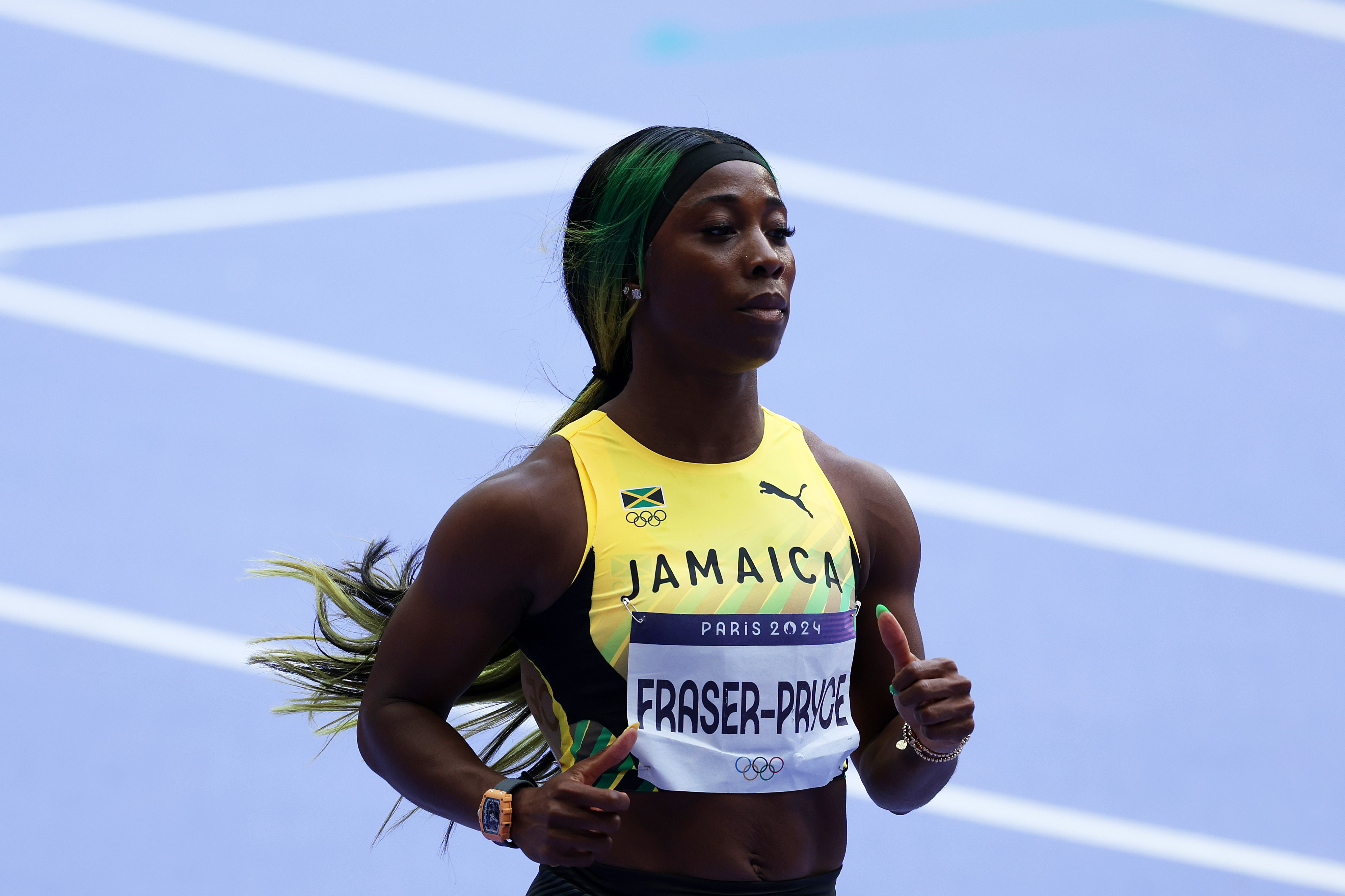 Shelly-Ann Fraser-Pryce reacts during the Women's 100m Round 1 Heat 6 at the Olympic Games Paris 2024 on August 2, 2024, in Paris, France. | Source: Getty Images