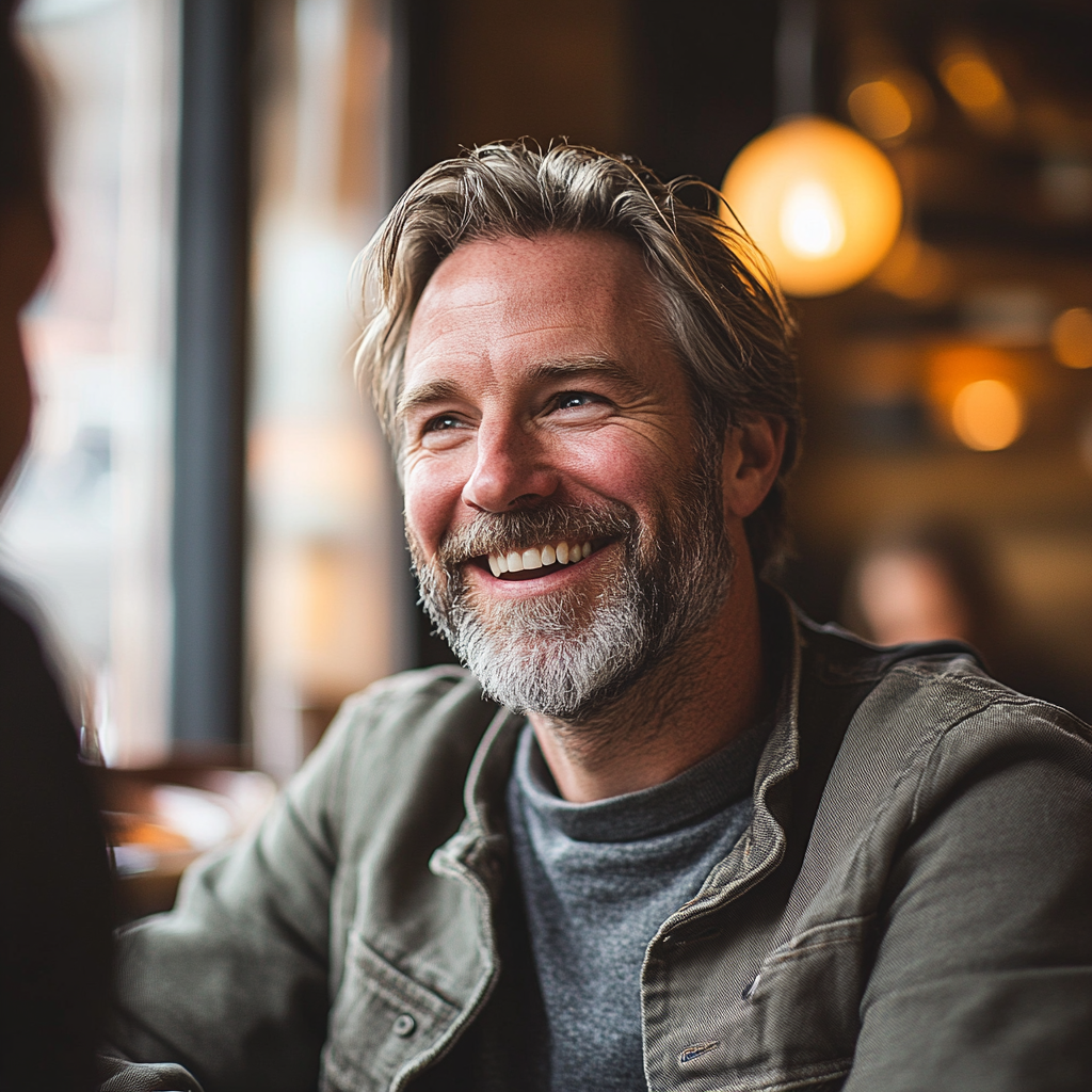 A man sitting in a café and talking to someone | Source: Midjourney