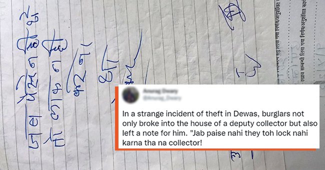 A picture of a note with a screenshot overlaid onto it describing what the thief wrote and left at a Deputy Collector’s house. | Source: twitter.com/Anurag_Dwary