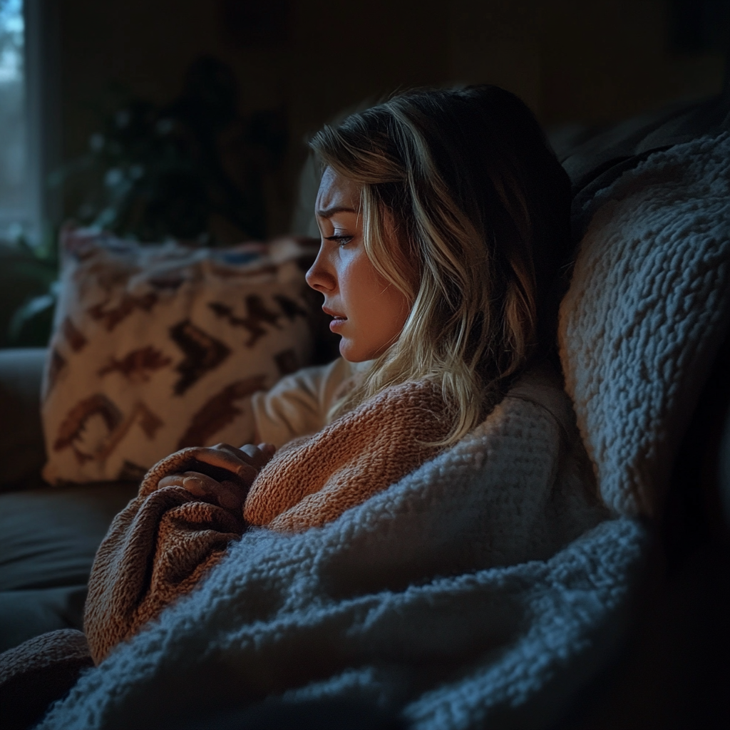 An upset woman on her couch | Source: Midjourney