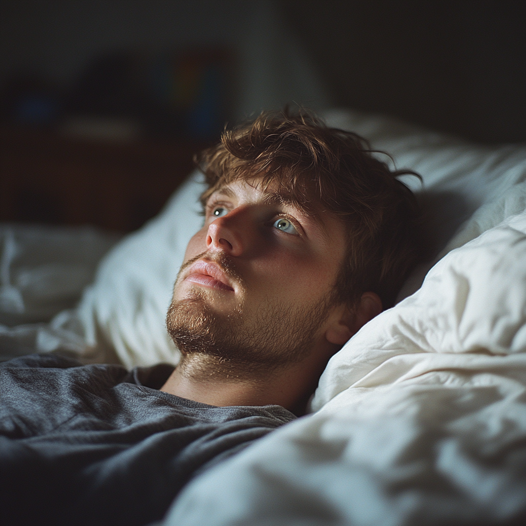 An unsettled man lying awake in bed | Source: Midjourney