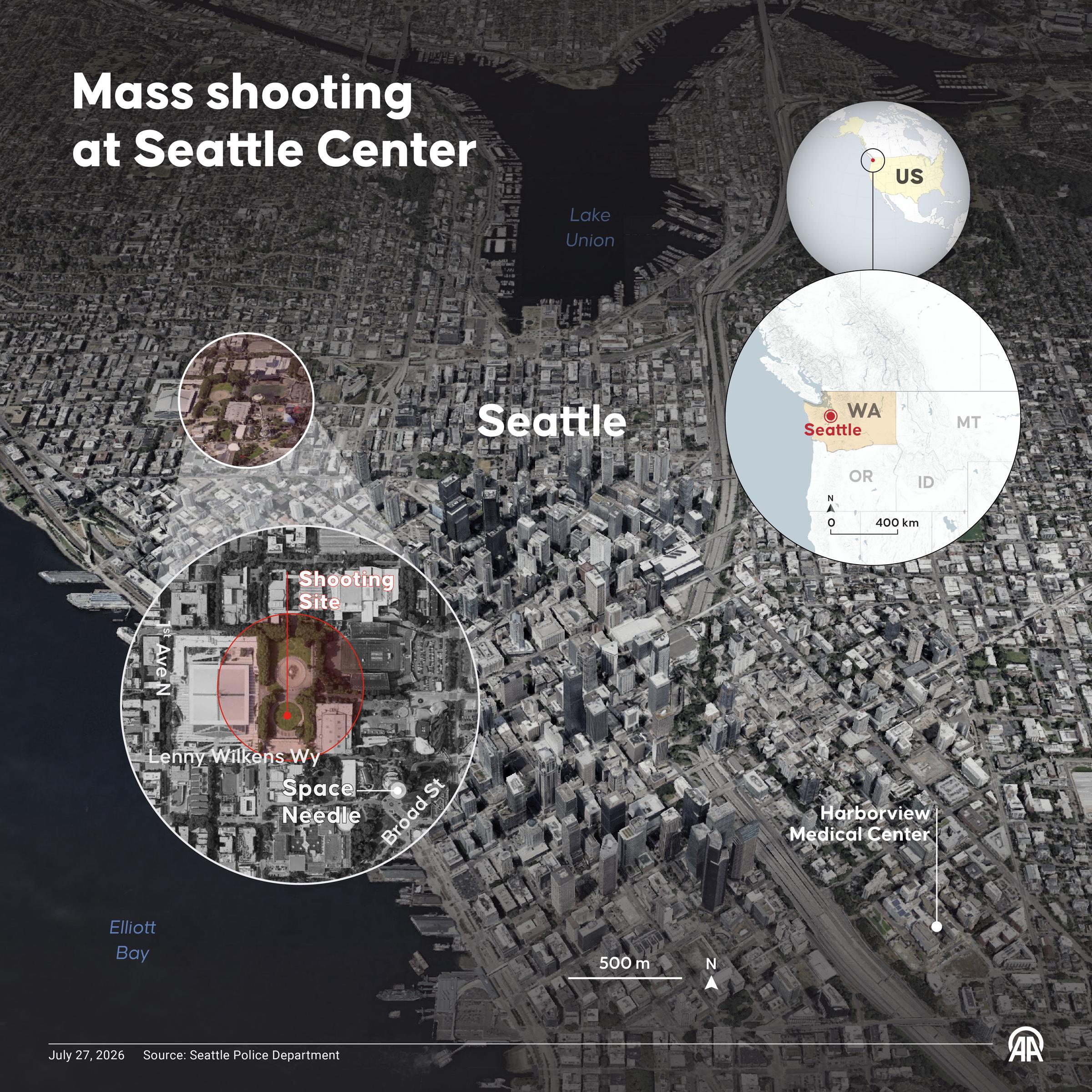Map shows the location of the shooting at Seattle Center during the Bite of Seattle festival on July 27, 2026. | Source: Getty Images