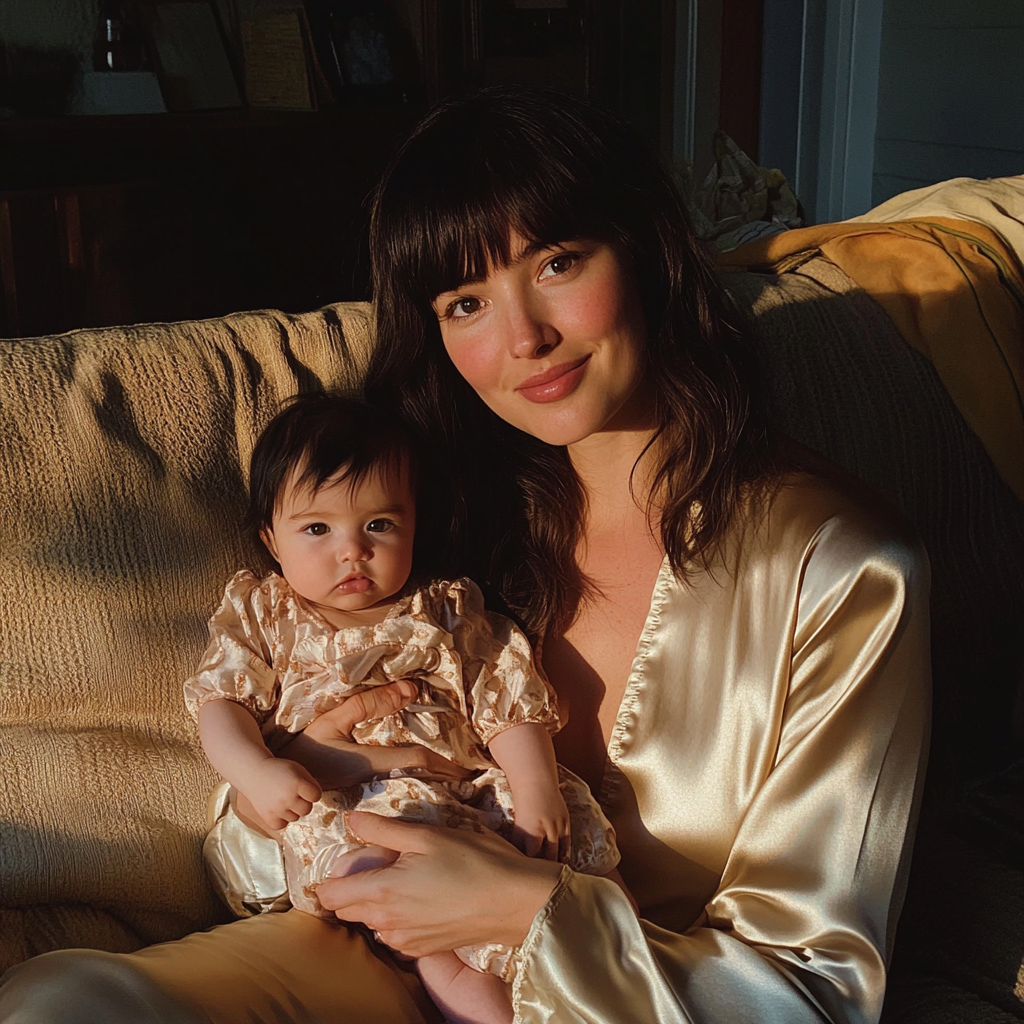 A woman sitting on a couch and holding a baby | Source: Midjourney