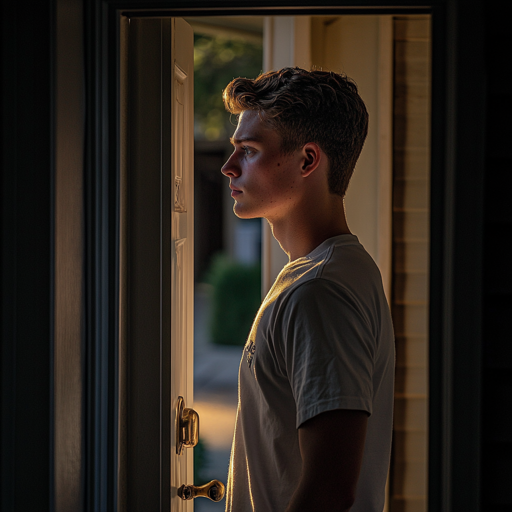 A serious young man opening his door | Source: Midjourney