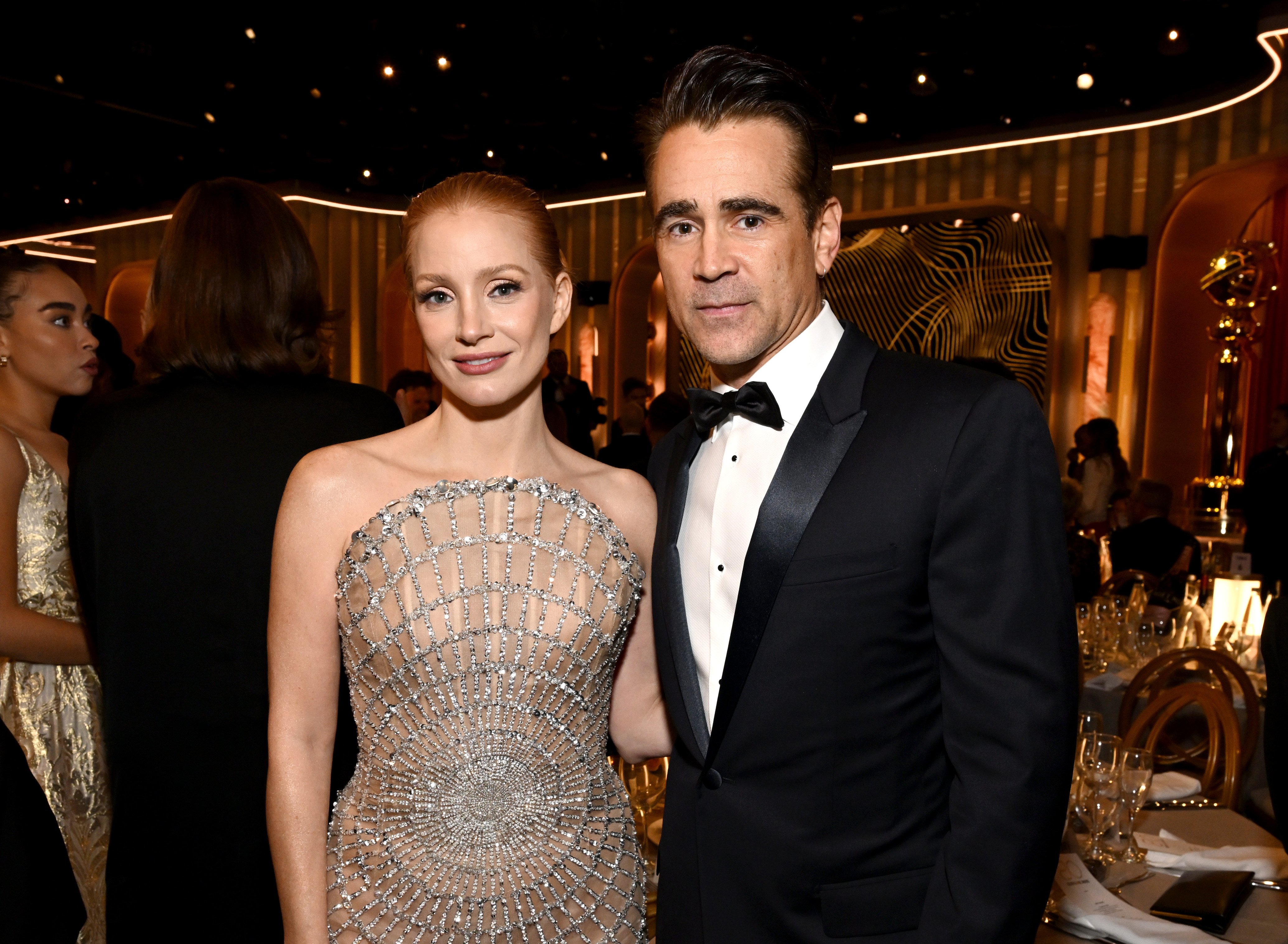 Colin Farrell and "Ava" co-star Jessica Chastain at the 80th Annual Golden Globe Awards on January 10, 2023, in Beverly Hills, California. | Source: Getty Images\u00a0