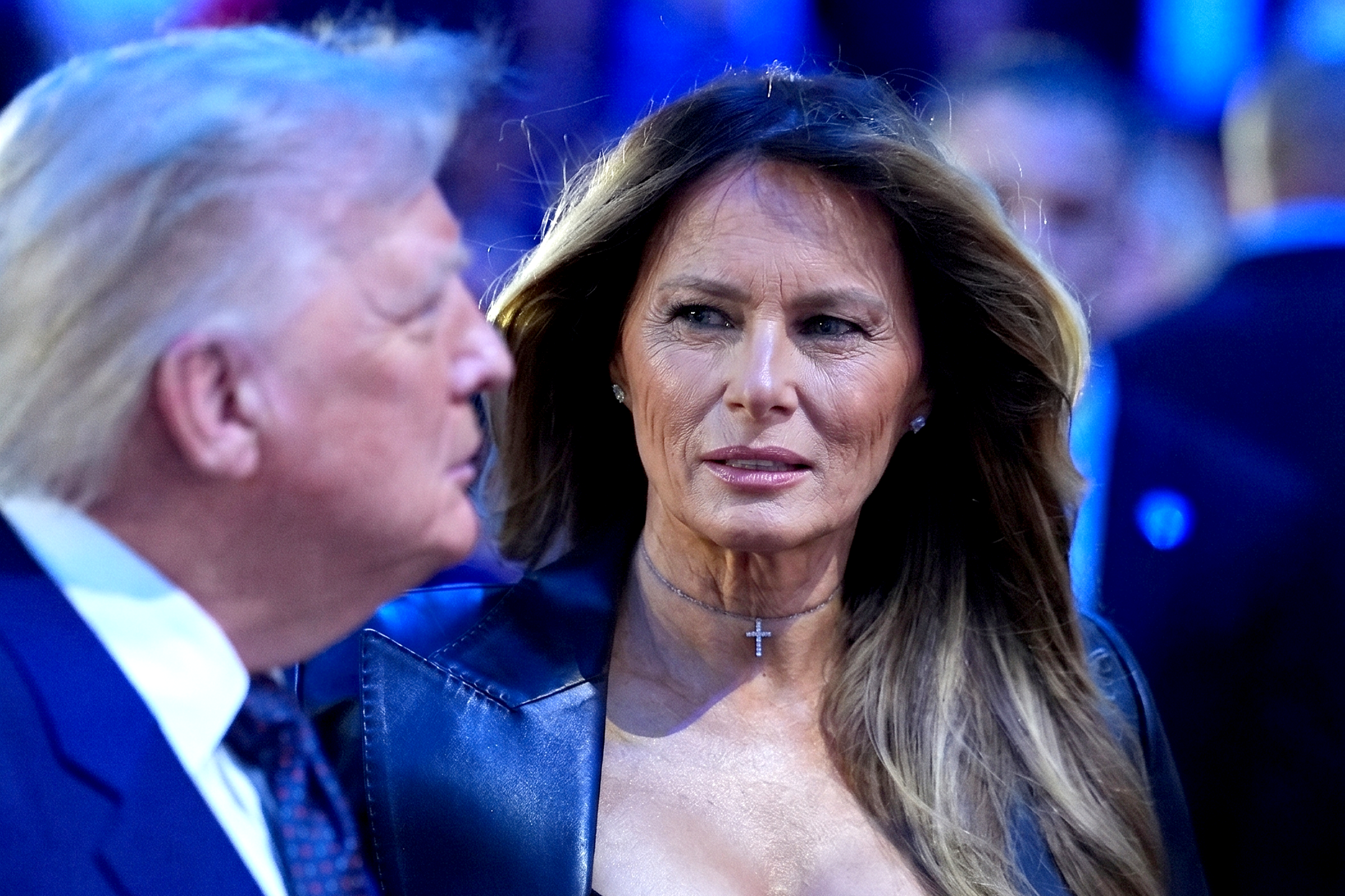 This artificial intelligence-generated visualization depicts Trump with visible signs of aging as she appears alongside her husband at a public event. The simulation highlights deeper facial creases and reduced skin elasticity. | Source: Gemini