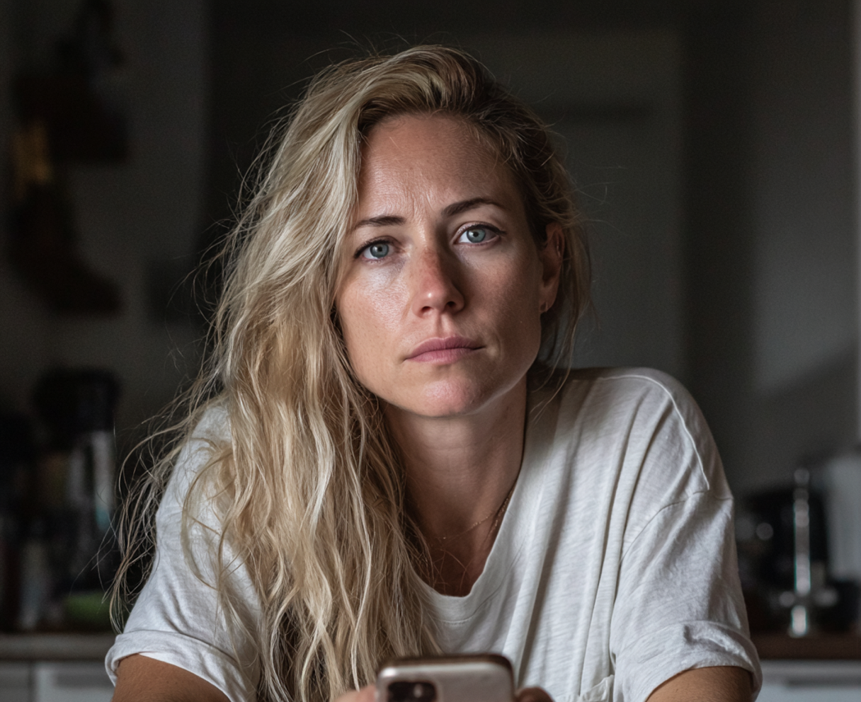 A woman sitting at a table and using her phone | Source: Midjourney