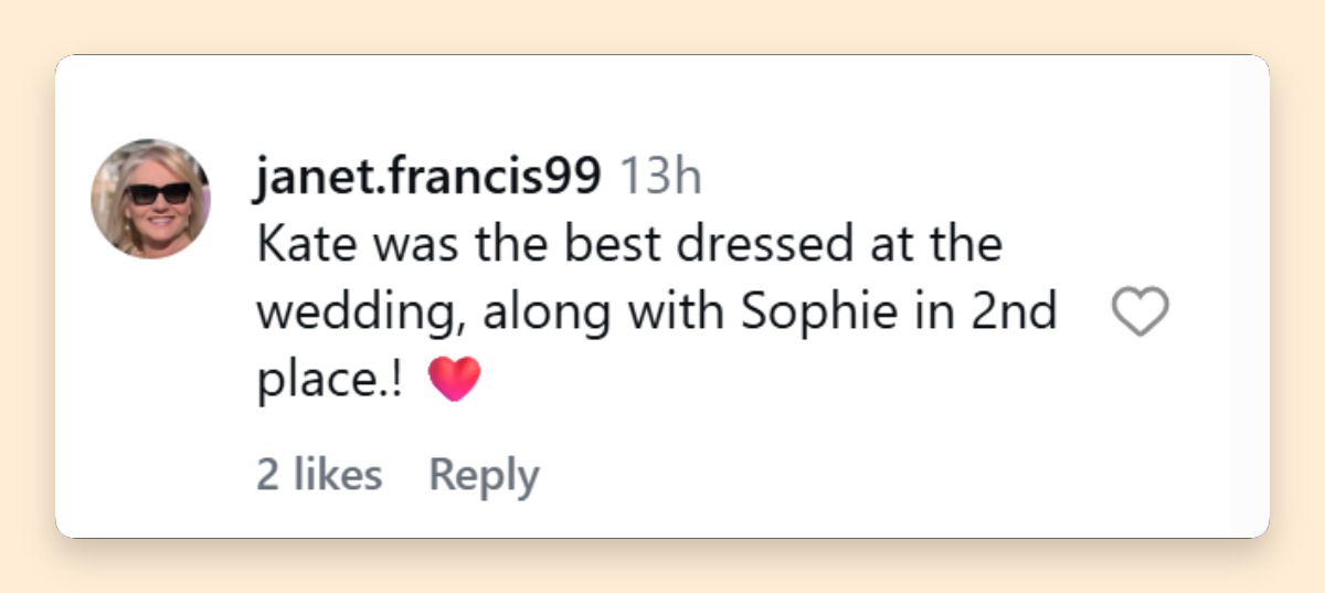 One admirer declared Catherine the best-dressed guest at the wedding, placing Sophie close behind in their personal style rankings. | Source: Instagram/hellomag