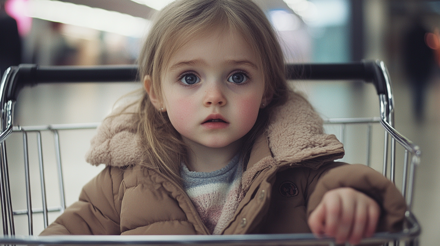 Little girl sitting in shopping cart | Source: Midjourney