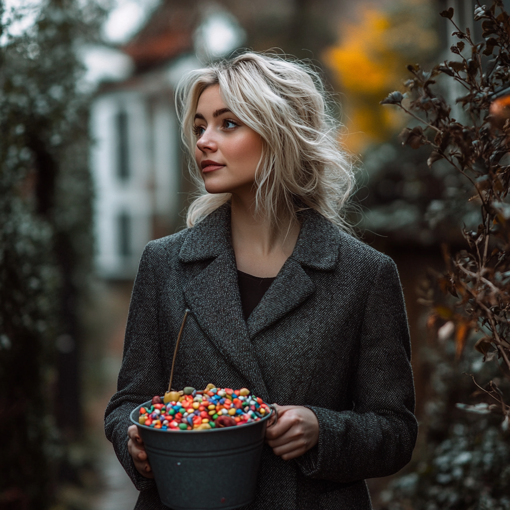 A woman holding a bucket of candy | Source: Midjourney