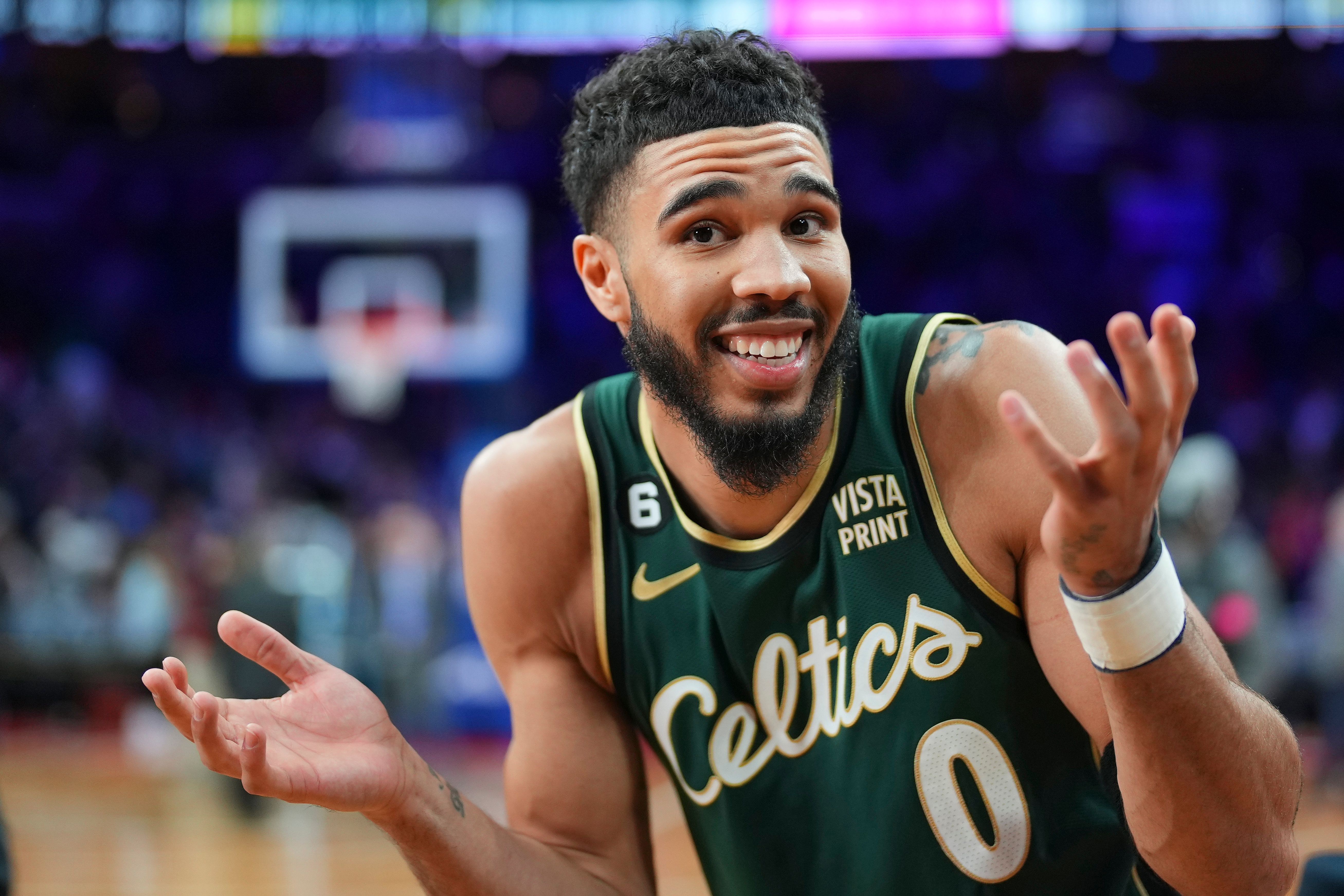 Jayson Tatum after the game against the Philadelphia 76ers at the Wells Fargo Center on February 25, 2023, in Philadelphia, Pennsylvania. | Source: Getty Images