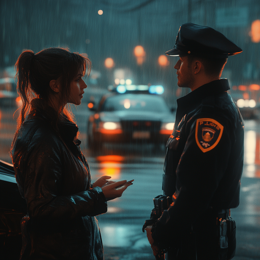 Woman talking to a police officer | Source: Midjourney