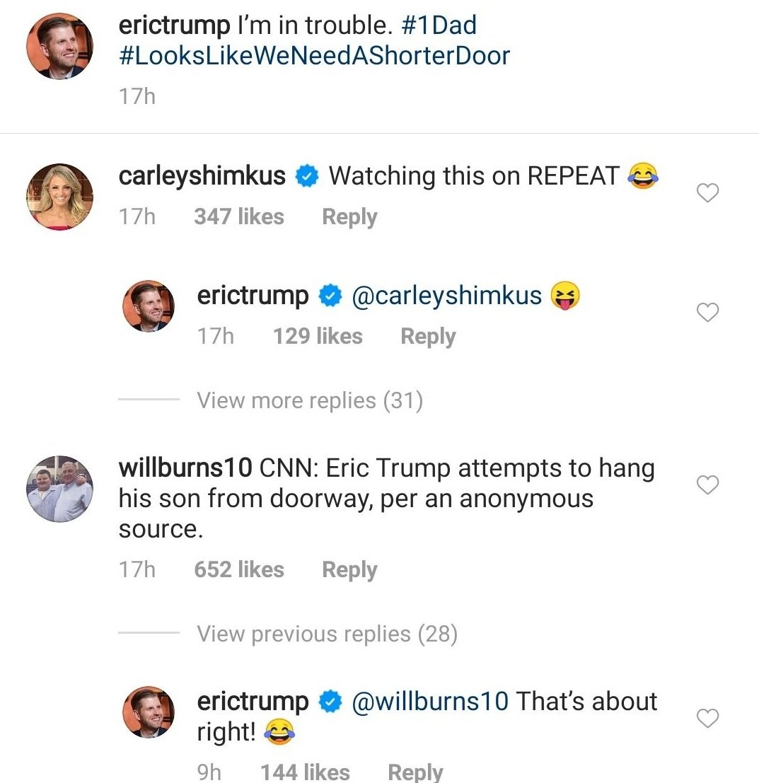 Eric Trump responds to comments from followers about his failed attempt to put up a hanging chair for his daughter. | Source: Instagram/erictrump