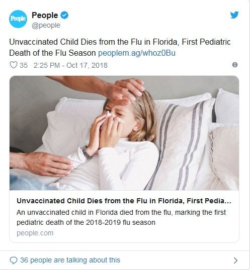 Un niño no vacunado muere a causa de la gripe en Florida, primera temporada de muerte pediátrica de la gripe / Foto: Twitter - People Un niño no vacunado muere a causa de la gripe en Florida, primera temporada de muerte pediátrica de la gripe / Foto: Twitter - People