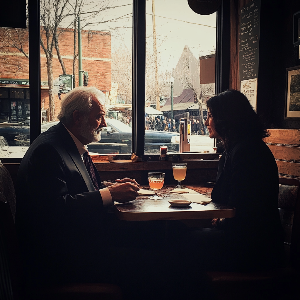 A couple sitting in a cafe | Source: Midjourney