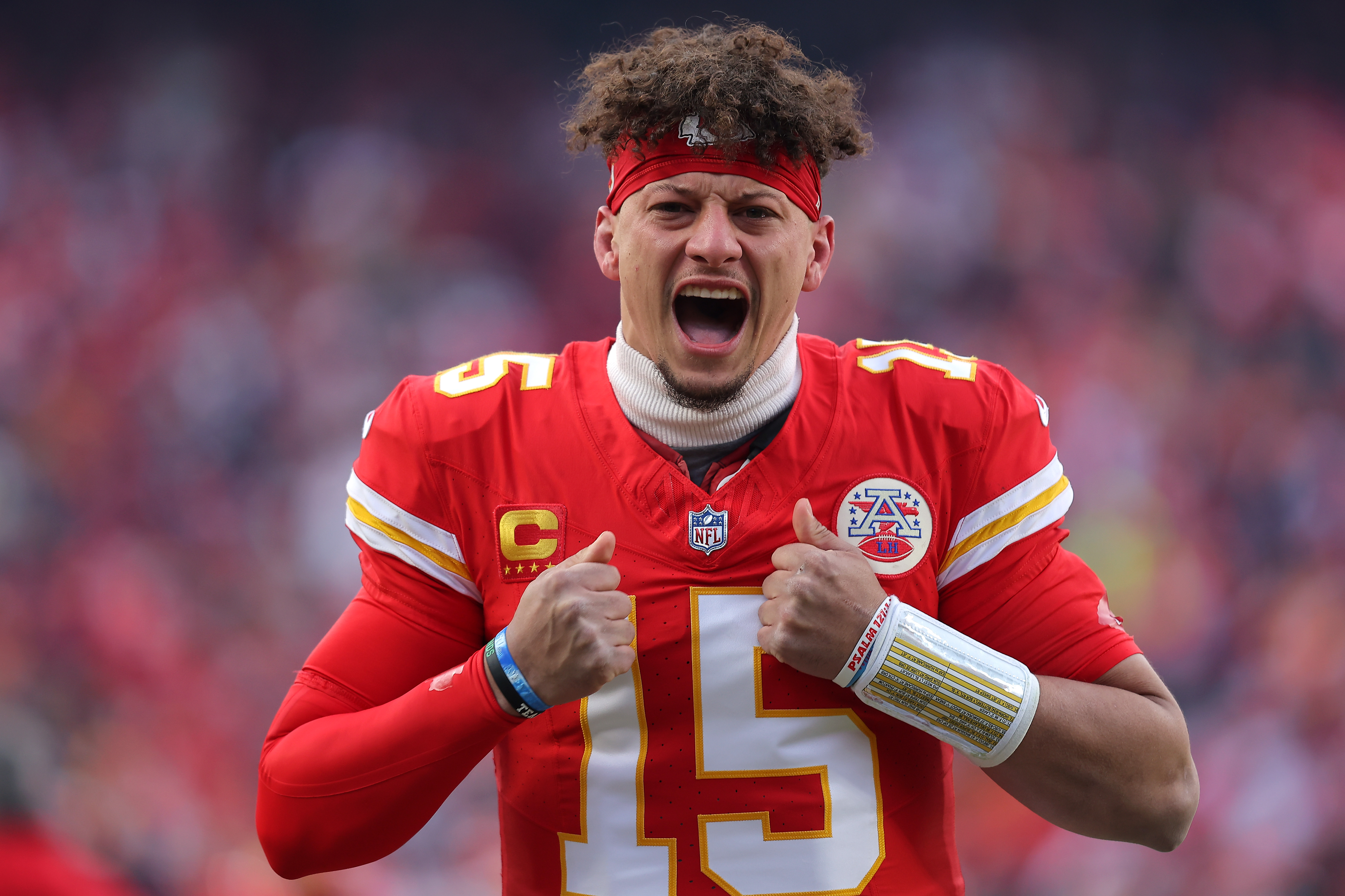 Patrick Mahomes reacts prior to the AFC Divisional Playoff against the Houston Texans at GEHA Field at Arrowhead Stadium in Kansas City, Missouri, on January 18, 2025 | Source: Getty Images