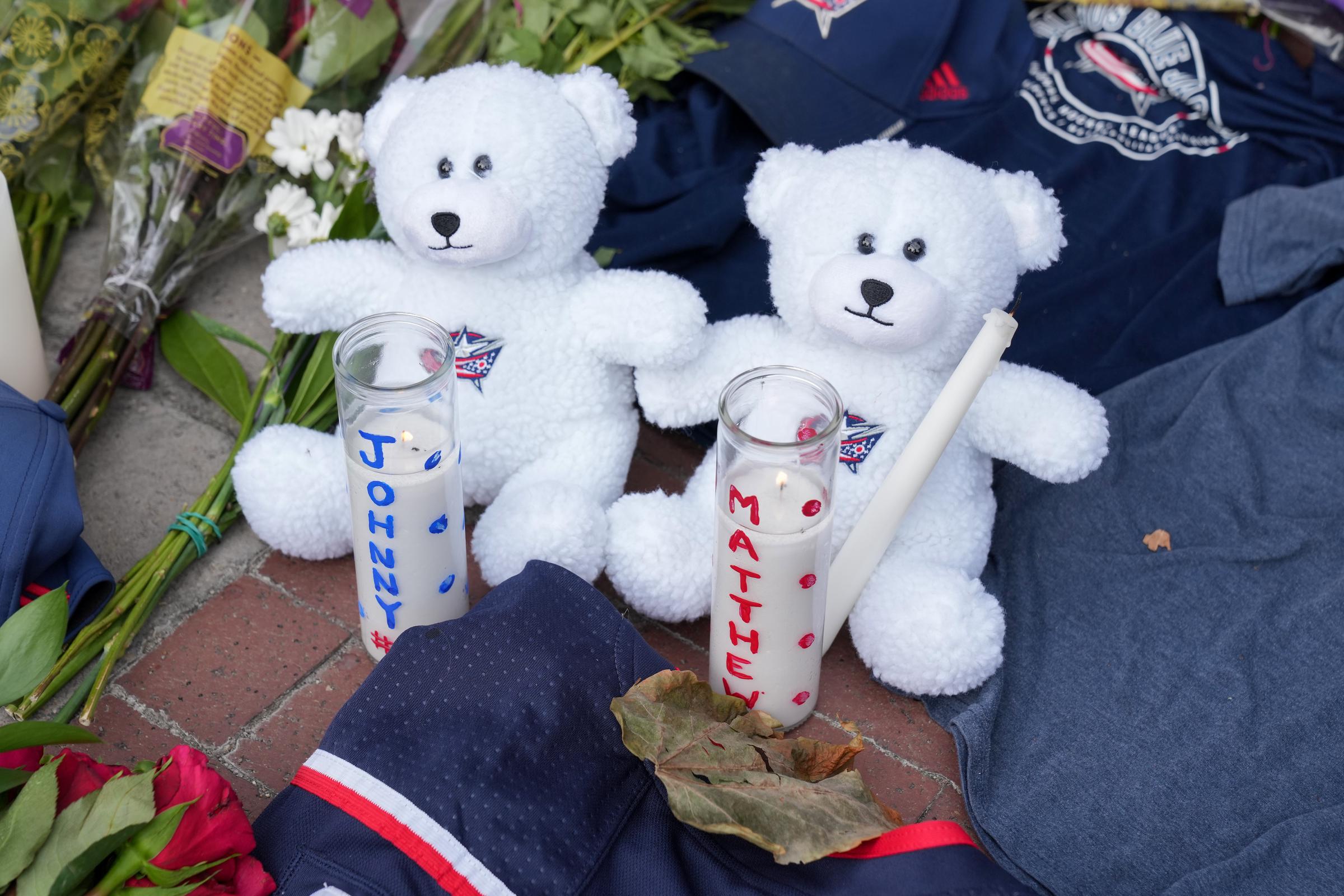 A makeshift memorial grows outside Nationwide Arena for Columbus Blue Jackets forward Johnny Gaudreau and his brother Matthew Gaudreau at Nationwide Arena in Columbus, Ohio, on August 31, 2024. | Source: Getty Images