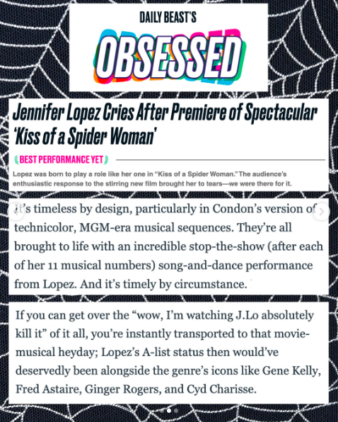 The glowing review Jennifer Lopez received for her role in "Kiss of the Spider Woman." | Source: Instagram/jlo