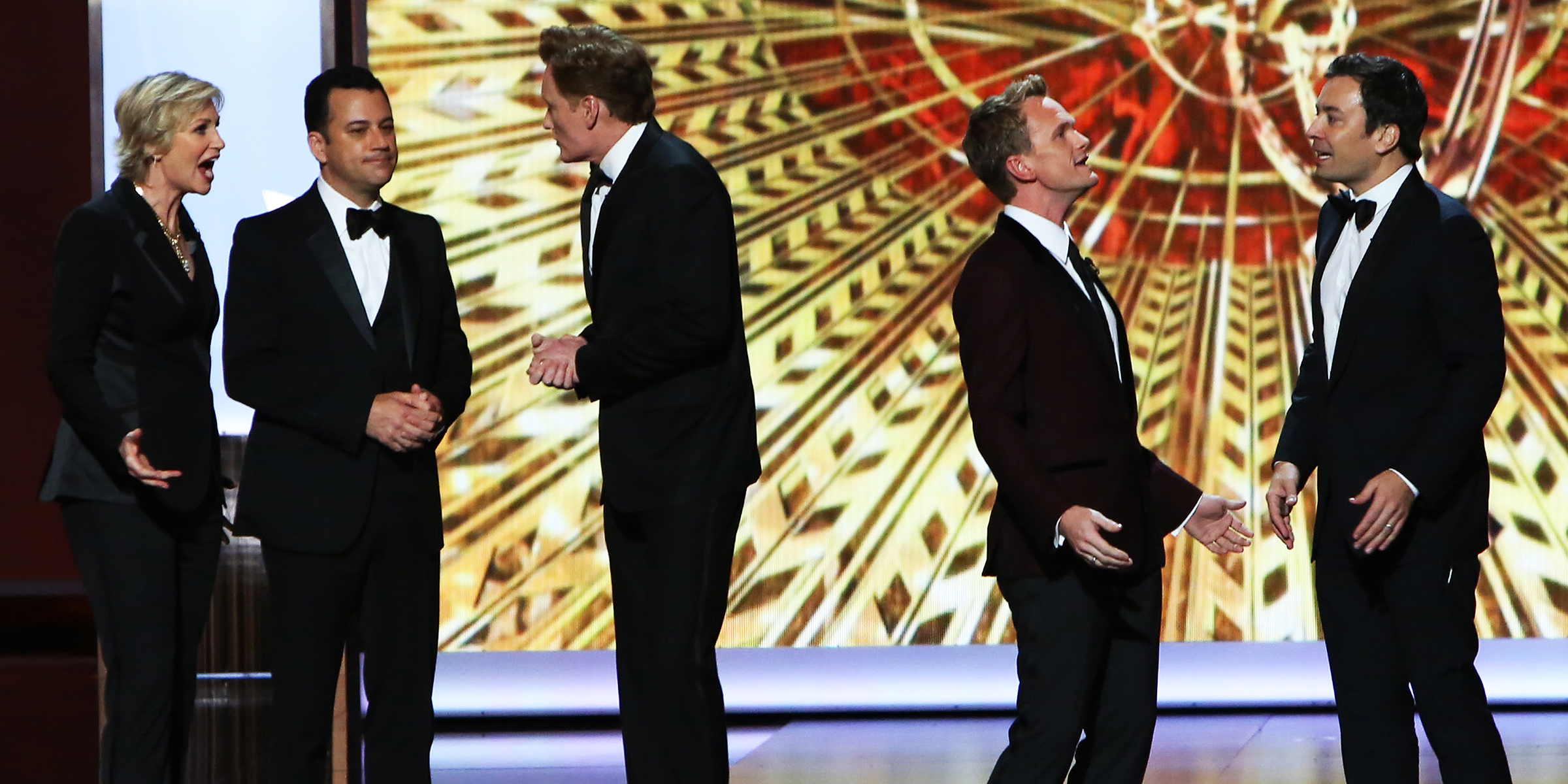 Jane Lynch, Jimmy Kimmel, Conan O'Brien, Neil Patrick Harris, and Jimmy Fallon | Source: Getty Images