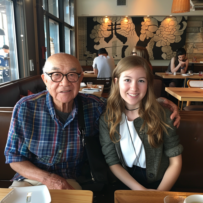 An elderly man with his granddaughter in a restaurant | Source: Midjourney