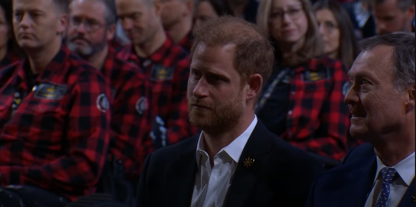 Prince Harry during Justin Trudeau's closing ceremony speech at the Invictus Games Vancouver Whistler 2025 on February 16, 2025, in Vancouver, Canada | Source: Youtube/Invictus Games Foundation