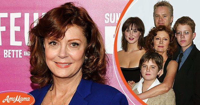 Picture of actress Susan Sarandon [left]. Susan Sarandon and Tim Robbins with sons Jack and Miles and daughter Eva Amurri [right] | Photo: Getty Images