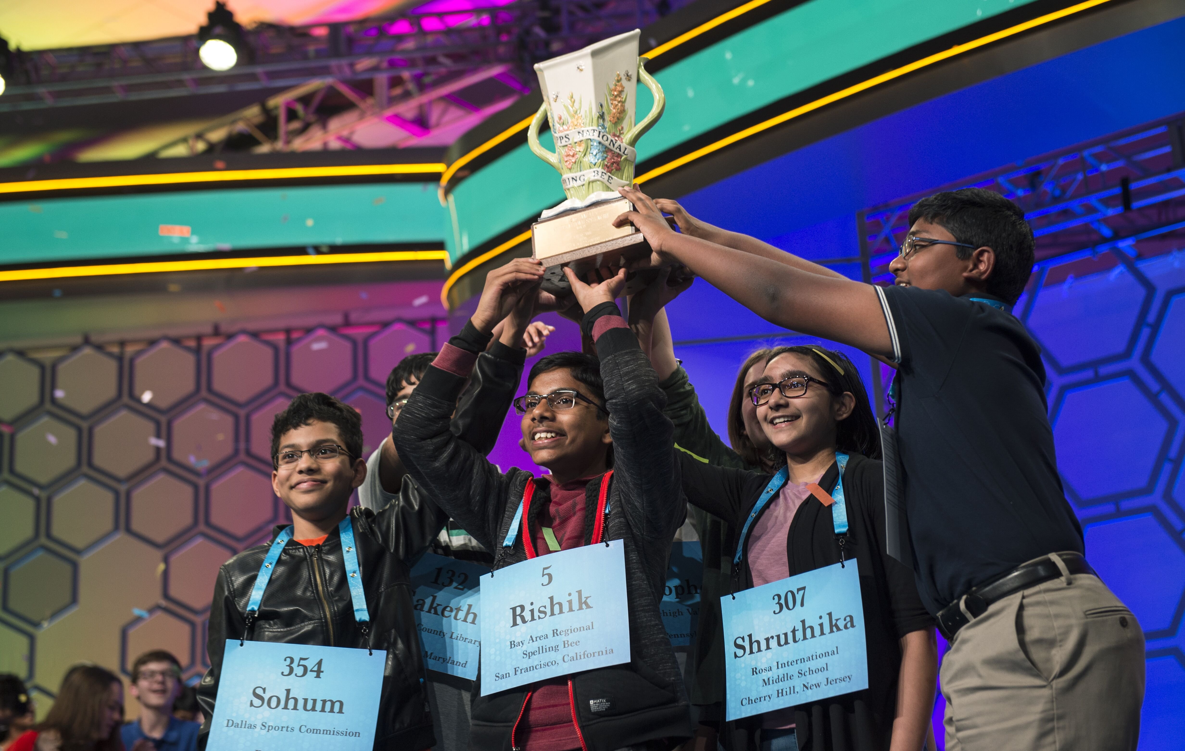 The eight co-champions celebrate after winning the Scripps National Spelling Bee on Thursday May 30, 2019 in Oxon Hill, Md | Photo: Getty Images