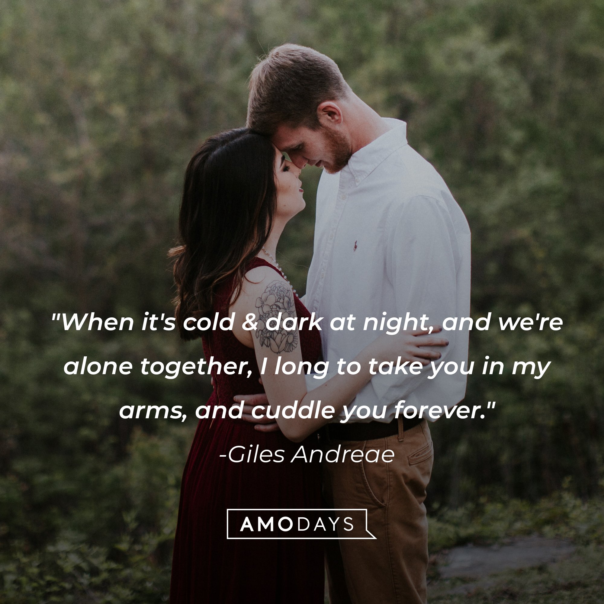 Giles Andreae's quote: "When it's cold & dark at night, and we're alone together, I long to take you in my arms, and cuddle you forever." | Image: AmoDays