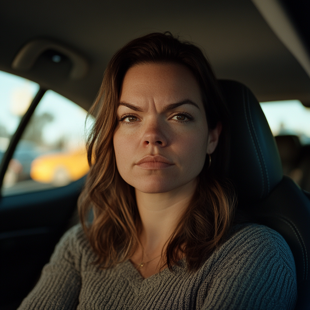 An upset woman sitting in a car | Source: Midjourney