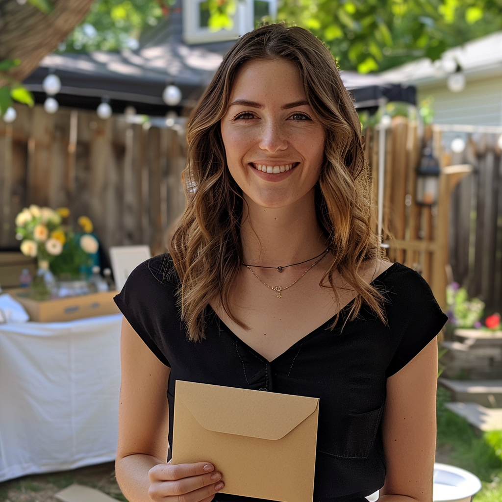 A woman smiles while holding an envelope in her hands | Source: Midjourney