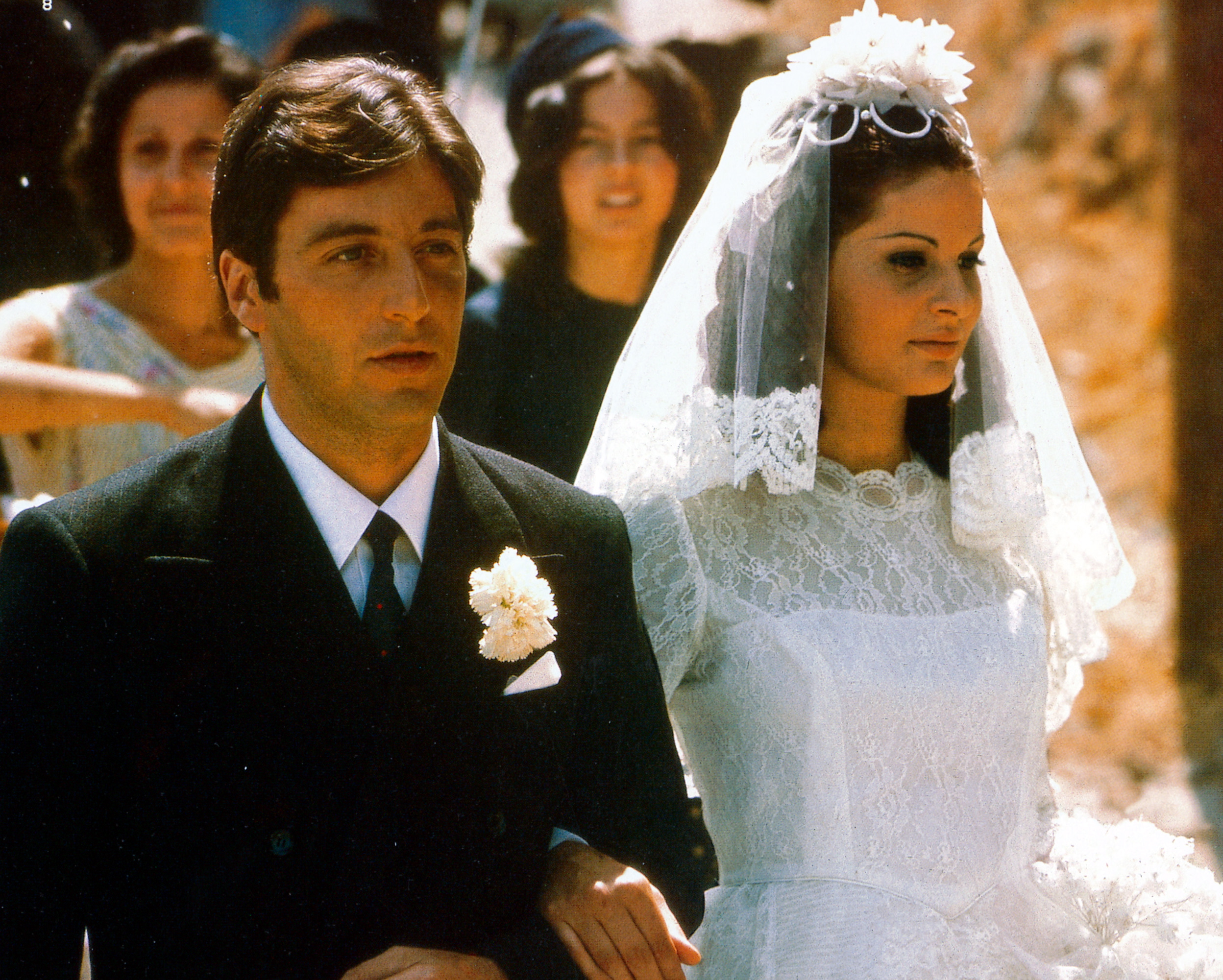 Al Pacino, US actor, in his wedding suit, and Simonetta Stefanelli, Italian actress, in her wedding dress on their wedding day in a publicity still issued for the film, 'The Godfather', Sicily, Italy, 1972 | Source: Getty Images