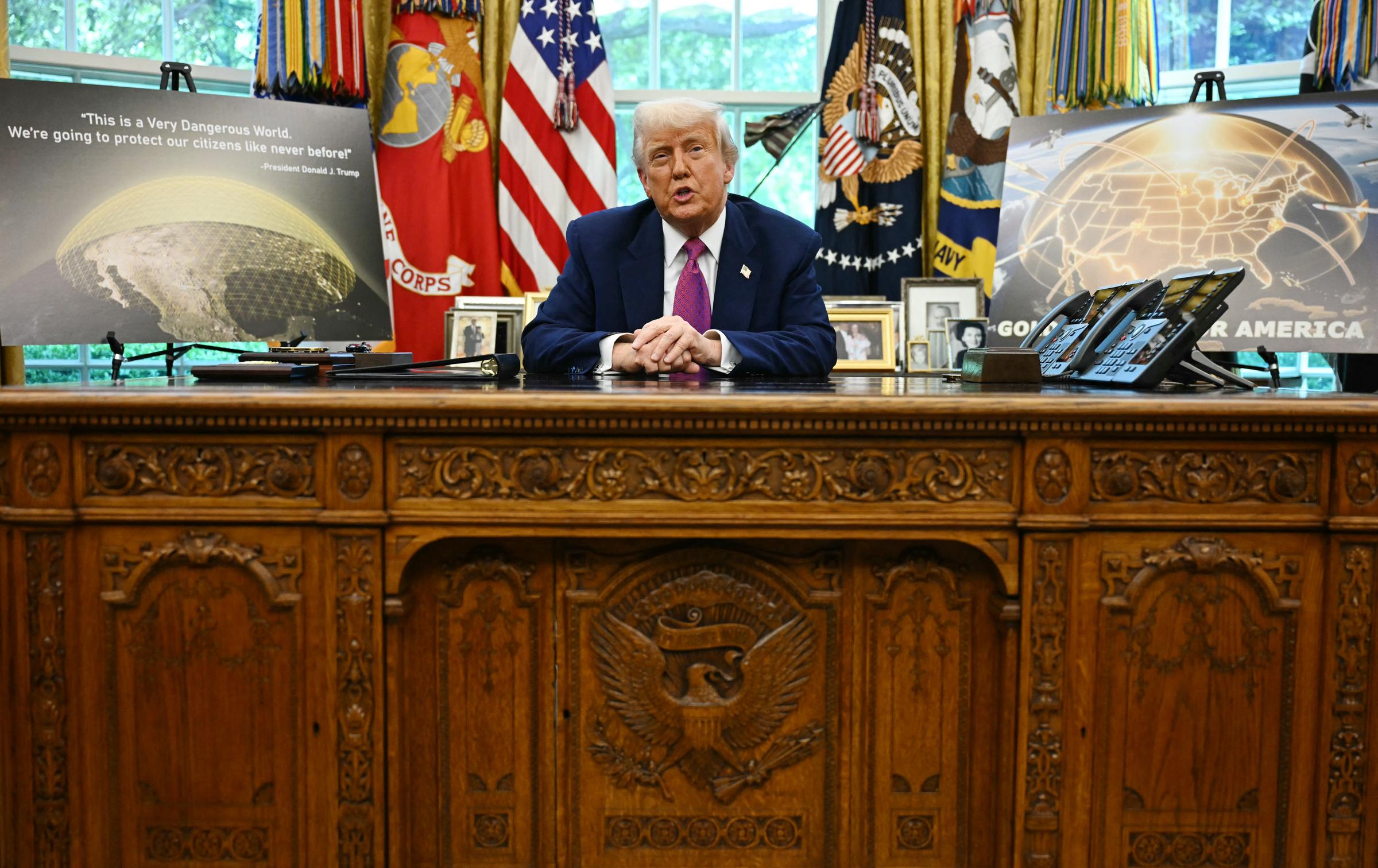 Donald Trump speaks during an announcement about the Golden Dome missile defense shield, in the Oval Office of the White House on May 20, 2025 | Source: Getty Images