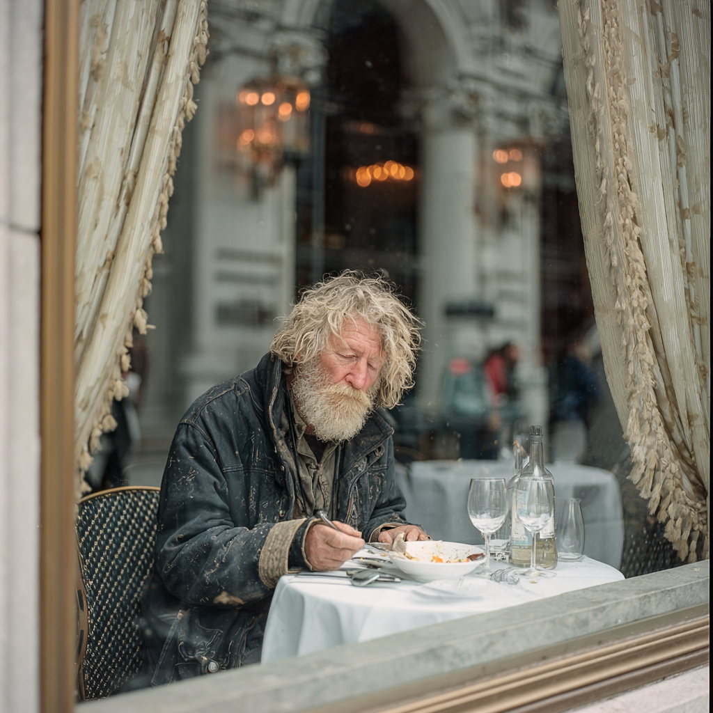 A homeless man eating | Source: Midjourney