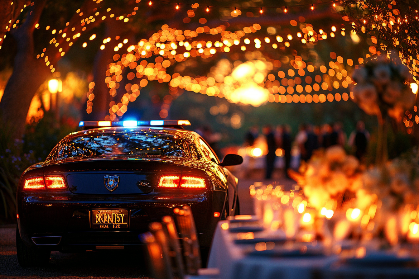 A cop car parked outside a wedding venue | Source: Midjourney