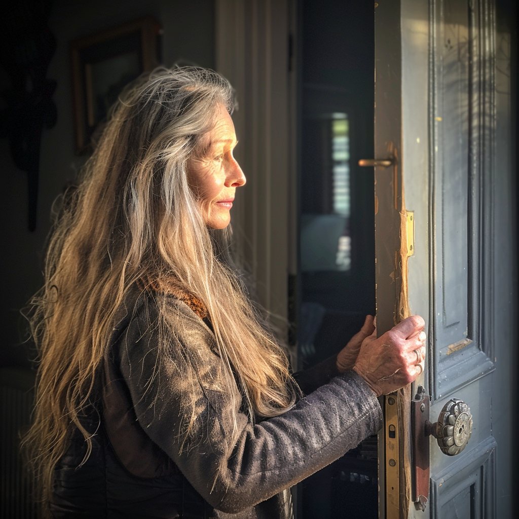 An older woman opening a front door | Source: Midjourney