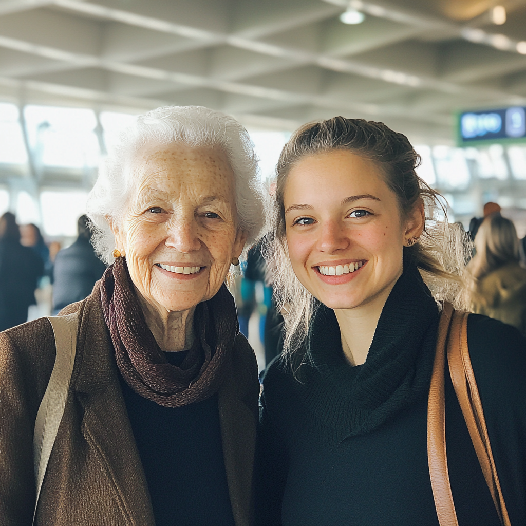 Two women standing in an airport together | Source: Midjourney