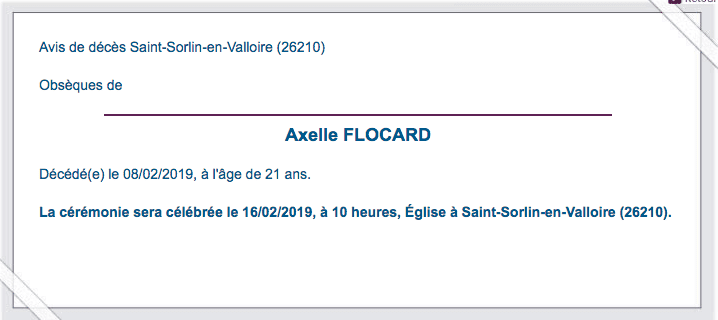 Capture d'écran de l'avis de décès d'Axelle Flocard. | Source : https://www.avis-de-deces.net/f_axelle-flocard